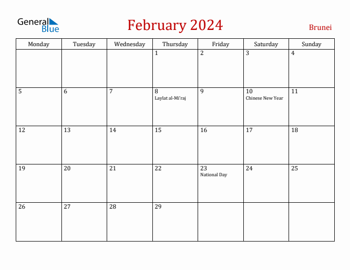 Brunei February 2024 Calendar - Monday Start
