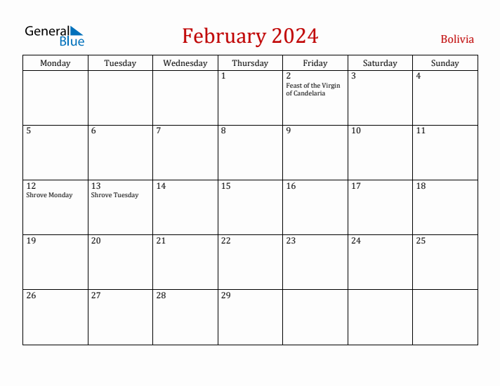 Bolivia February 2024 Calendar - Monday Start