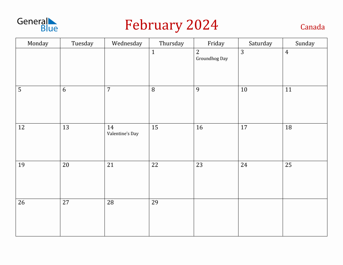 February 2024 Canada Monthly Calendar with Holidays