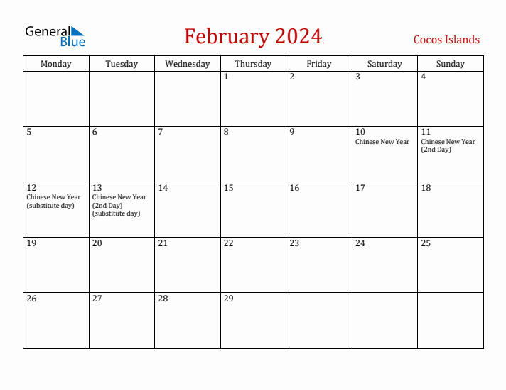 Cocos Islands February 2024 Calendar - Monday Start
