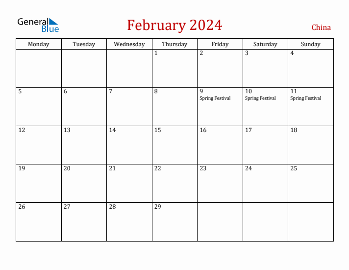 February 2024 China Monthly Calendar with Holidays