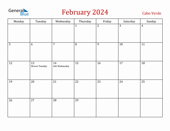 Cabo Verde February 2024 Calendar - Monday Start