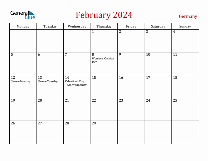 Germany February 2024 Calendar - Monday Start