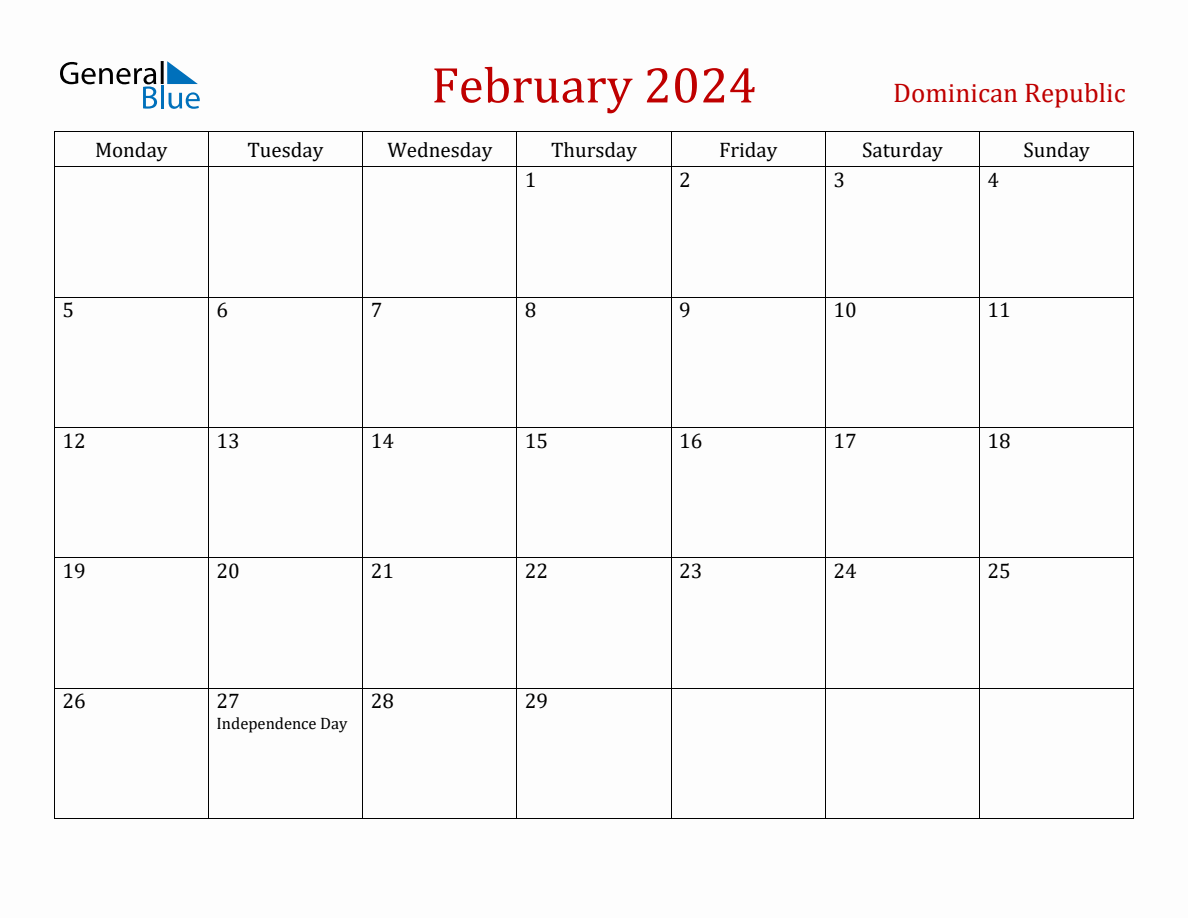 February 2024 Dominican Republic Monthly Calendar with Holidays