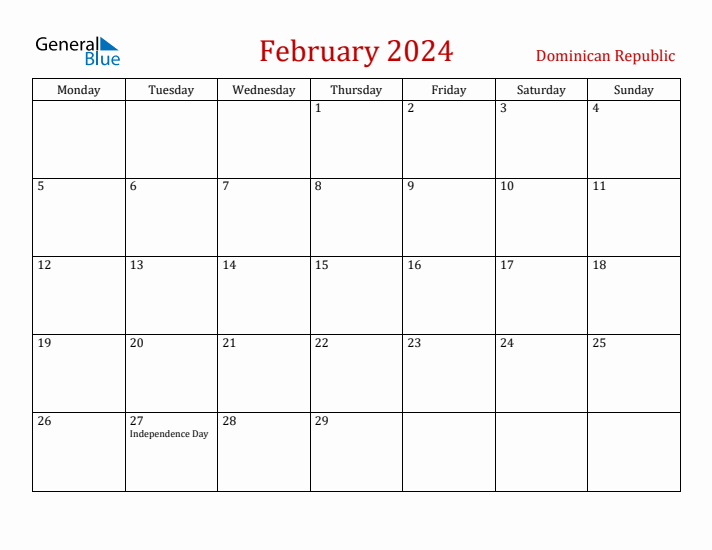 Dominican Republic February 2024 Calendar - Monday Start