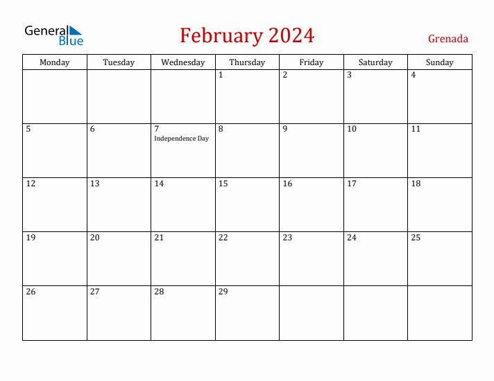 Grenada February 2024 Calendar - Monday Start