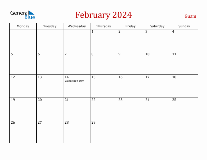 Guam February 2024 Calendar - Monday Start