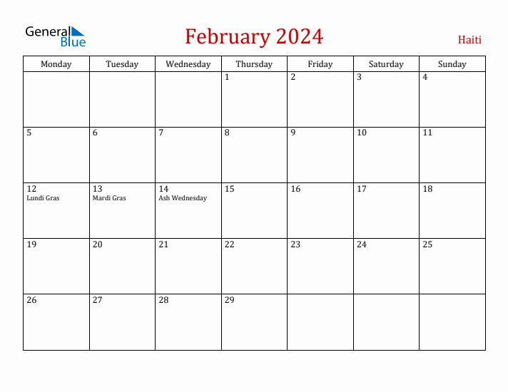 Haiti February 2024 Calendar - Monday Start