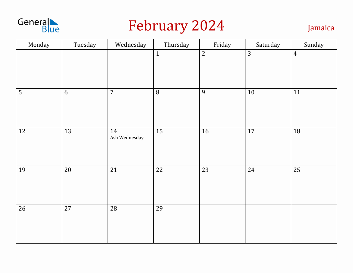 February 2024 Jamaica Monthly Calendar with Holidays