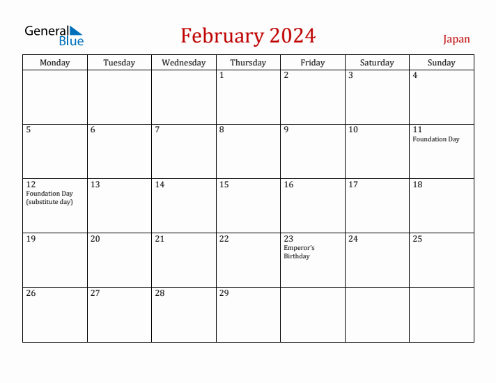 Japan February 2024 Calendar - Monday Start