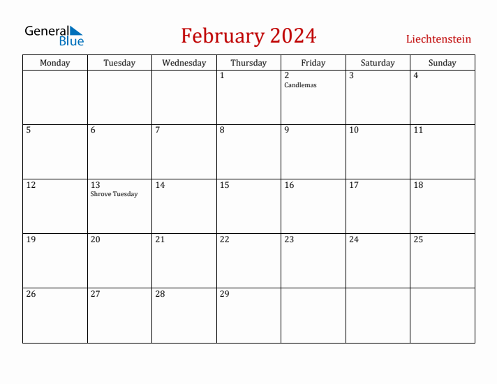 Liechtenstein February 2024 Calendar - Monday Start
