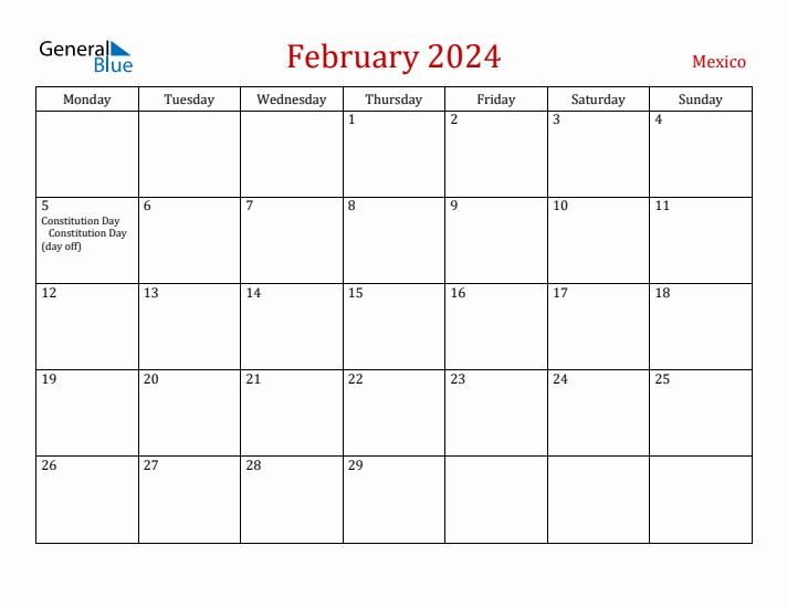 Mexico February 2024 Calendar - Monday Start