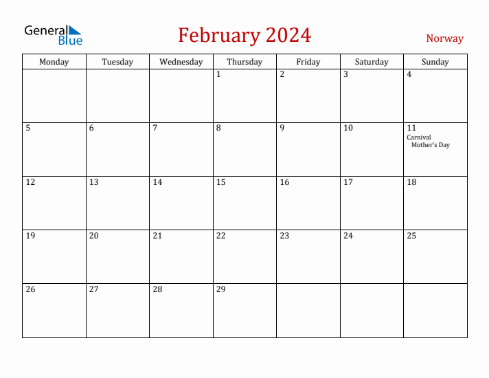 Norway February 2024 Calendar - Monday Start