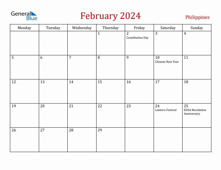 Philippines February 2024 Calendar - Monday Start