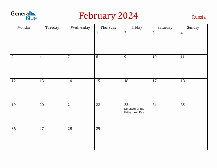 Russia February 2024 Calendar - Monday Start