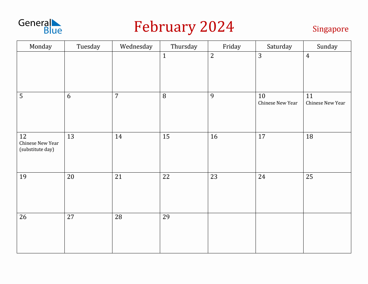 February 2024 Singapore Monthly Calendar with Holidays