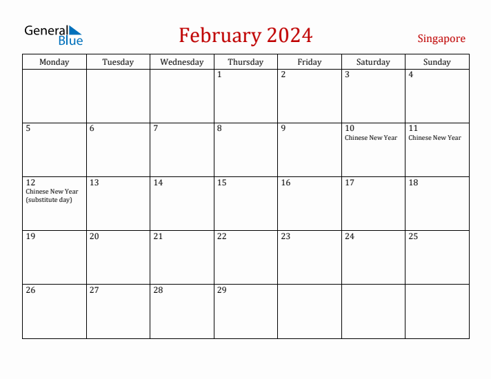 Singapore February 2024 Calendar - Monday Start