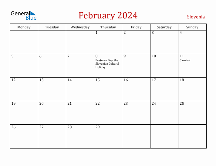 Slovenia February 2024 Calendar - Monday Start
