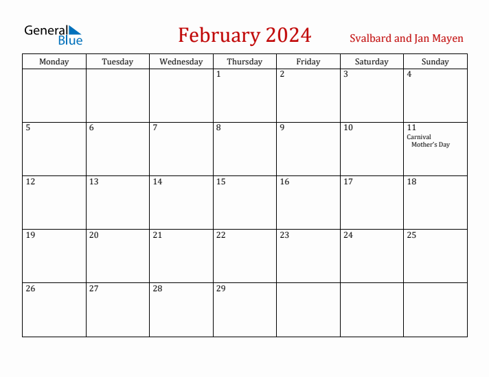 Svalbard and Jan Mayen February 2024 Calendar - Monday Start