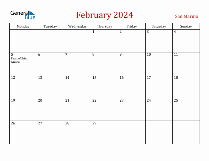 San Marino February 2024 Calendar - Monday Start