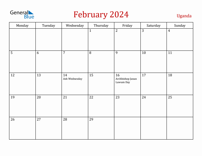 Uganda February 2024 Calendar - Monday Start