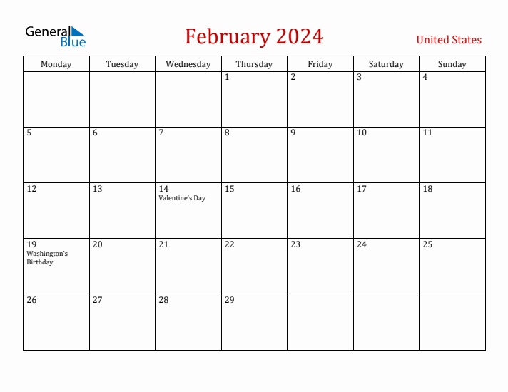 United States February 2024 Calendar - Monday Start
