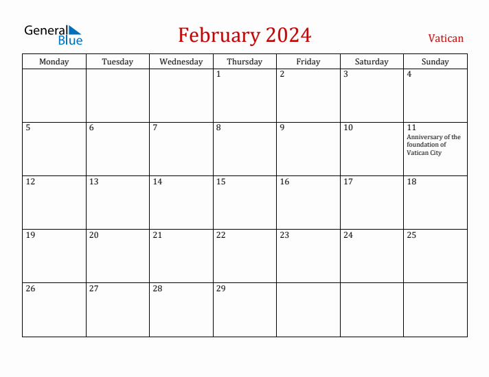 Vatican February 2024 Calendar - Monday Start