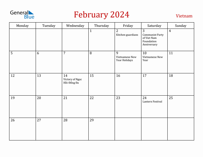 Vietnam February 2024 Calendar - Monday Start