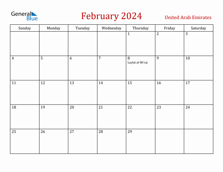 United Arab Emirates February 2024 Calendar - Sunday Start