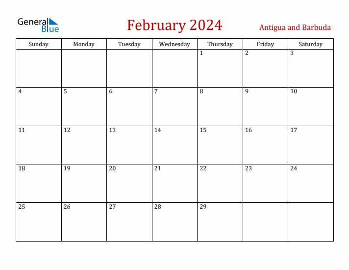 Antigua and Barbuda February 2024 Calendar - Sunday Start