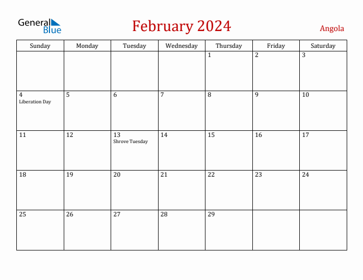 Angola February 2024 Calendar - Sunday Start