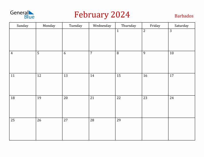 Barbados February 2024 Calendar - Sunday Start