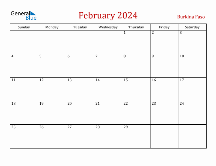 Burkina Faso February 2024 Calendar - Sunday Start