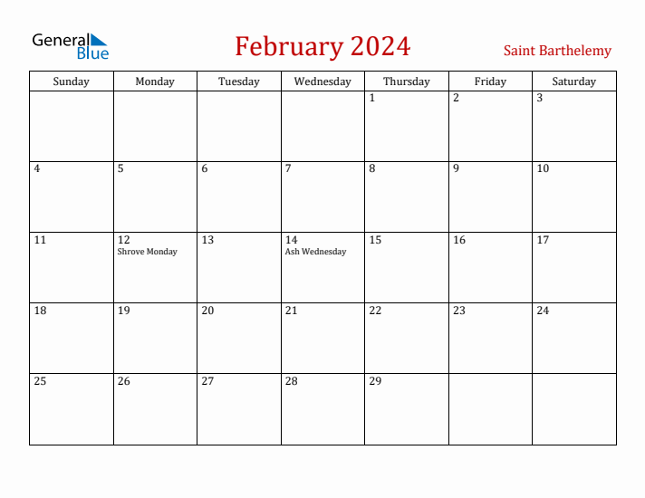 Saint Barthelemy February 2024 Calendar - Sunday Start
