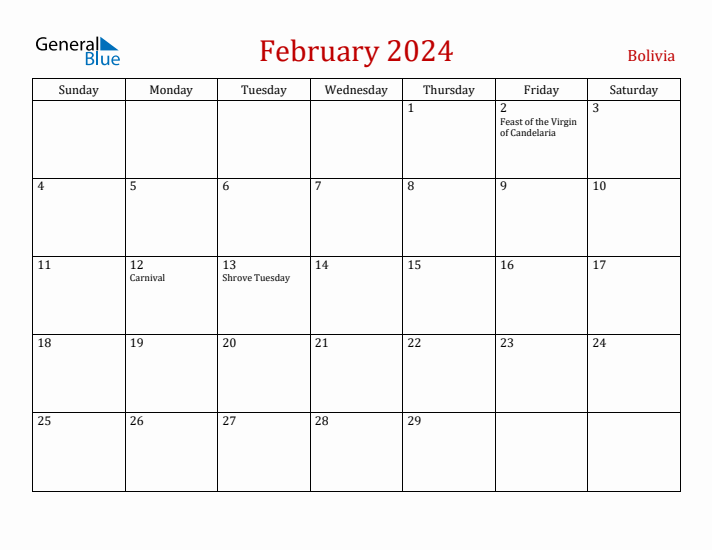 Bolivia February 2024 Calendar - Sunday Start