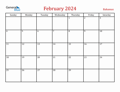 Current month calendar with Bahamas holidays for February 2024