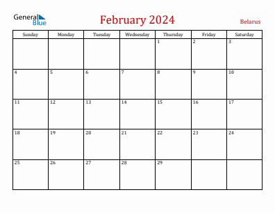 Current month calendar with Belarus holidays for February 2024