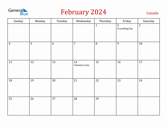 Canada February 2024 Calendar - Sunday Start