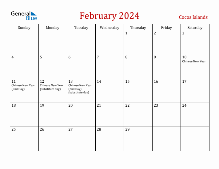 Cocos Islands February 2024 Calendar - Sunday Start