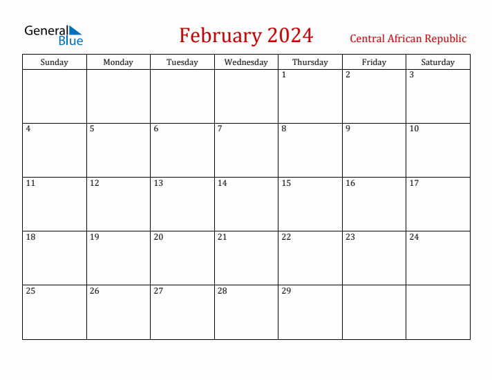 Central African Republic February 2024 Calendar - Sunday Start