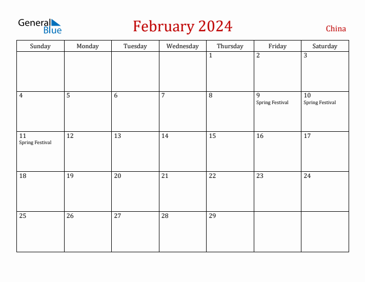 China February 2024 Calendar - Sunday Start