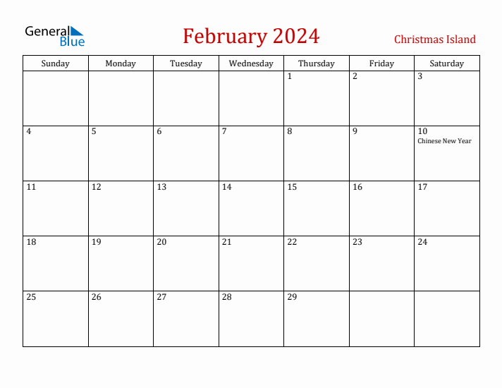 Christmas Island February 2024 Calendar - Sunday Start