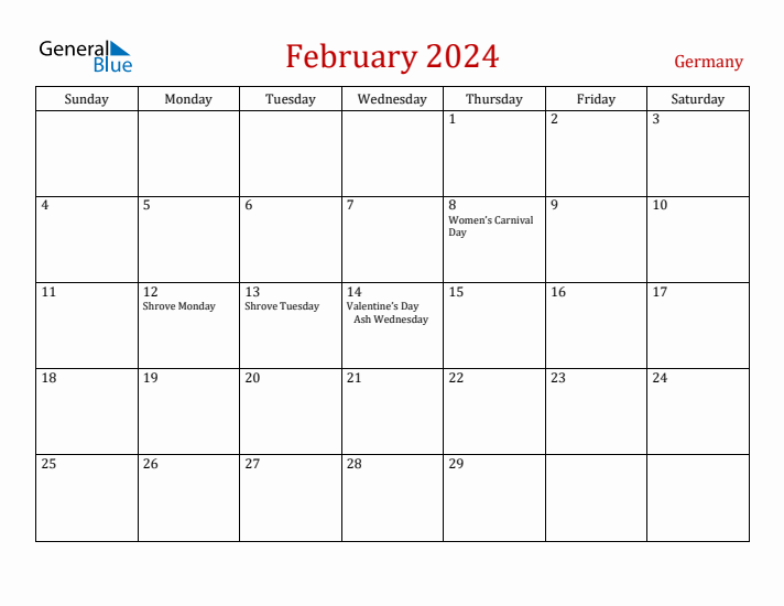 Germany February 2024 Calendar - Sunday Start