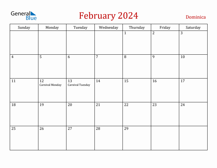 Dominica February 2024 Calendar - Sunday Start
