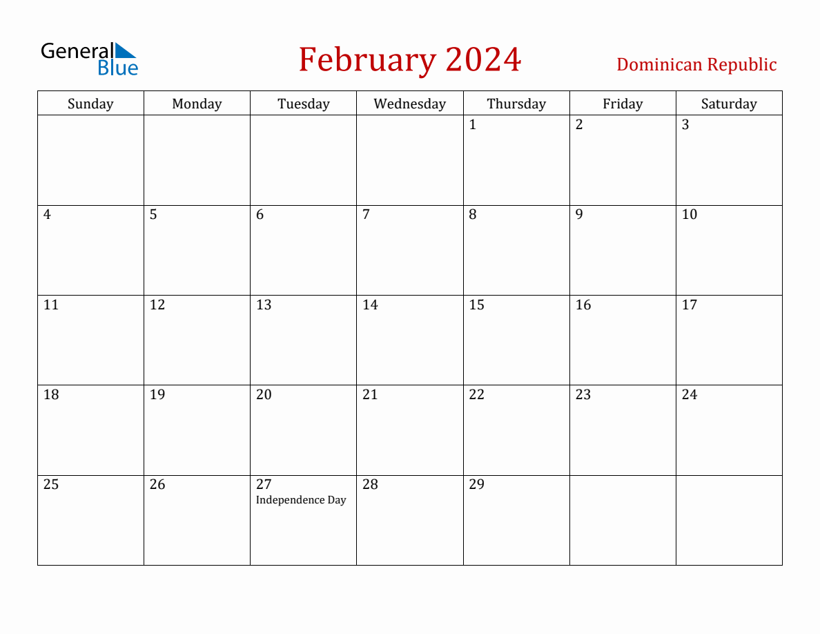 February 2024 Dominican Republic Monthly Calendar with Holidays