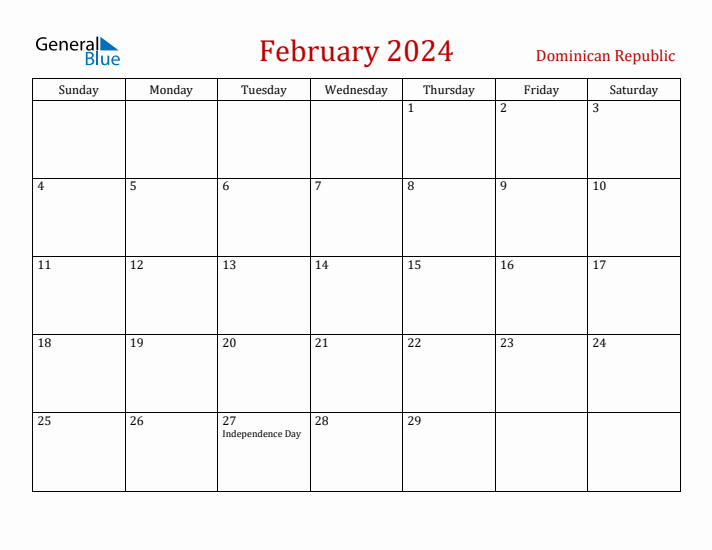 Dominican Republic February 2024 Calendar - Sunday Start