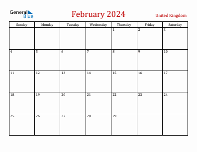 Current month calendar with United Kingdom holidays for February 2024
