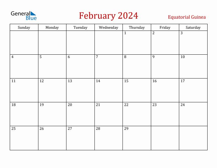 Equatorial Guinea February 2024 Calendar - Sunday Start