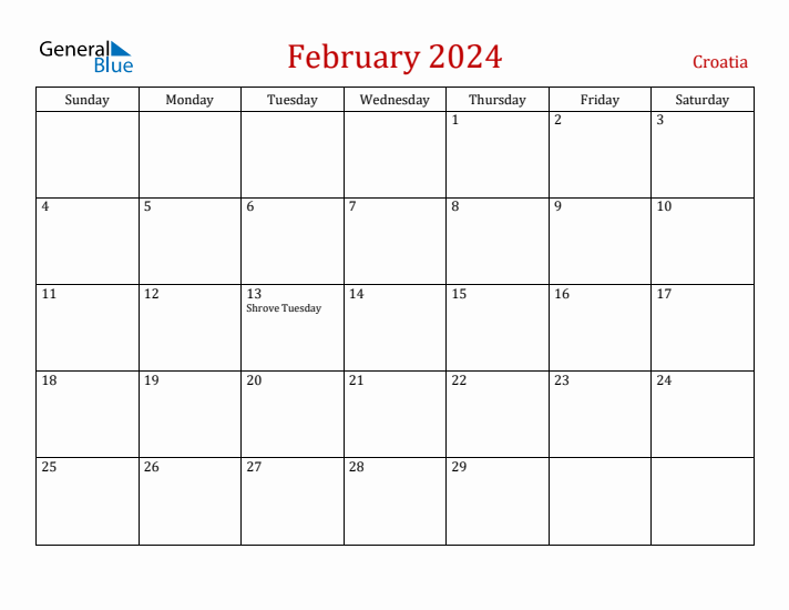 Croatia February 2024 Calendar - Sunday Start