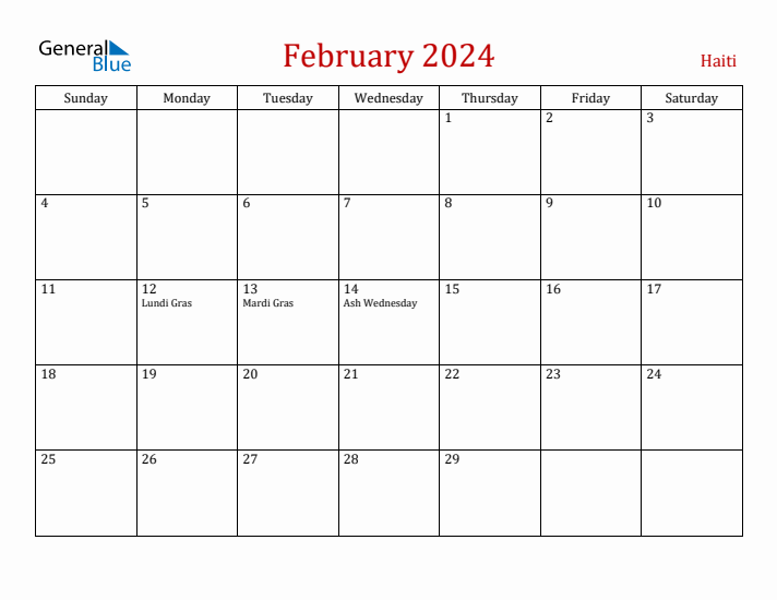 Haiti February 2024 Calendar - Sunday Start